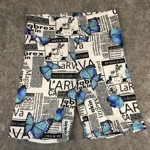 Popular21 Bike Shorts S Butterfly Newsprint Print Active Athleisure Casual Blue